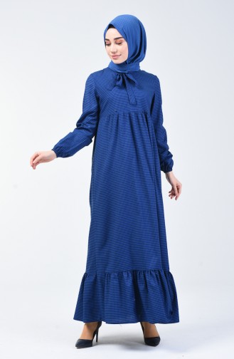 Kravat Yaka Büzgülü Elbise 1367-02 Mavi
