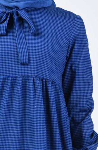 Kravat Yaka Büzgülü Elbise 1367-02 Mavi