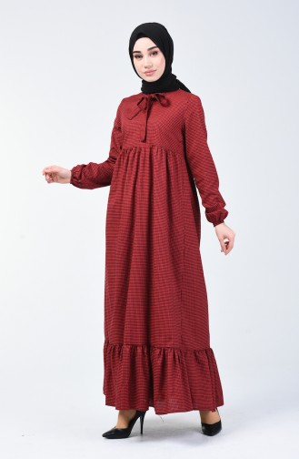 Kravat Yaka Büzgülü Elbise 1367-03 Bordo