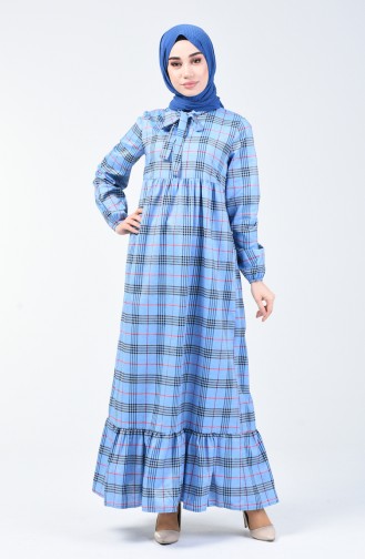 Tie Collar Pleated Dress Blue 1368-04