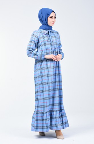 Kravat Yaka Büzgülü Elbise 1368-04 Mavi