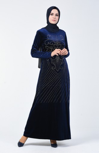 Strass Printed Velvet Dress Navy Blue 19802-01