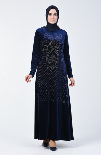 Strass Printed Velvet Dress Navy Blue 19802-01