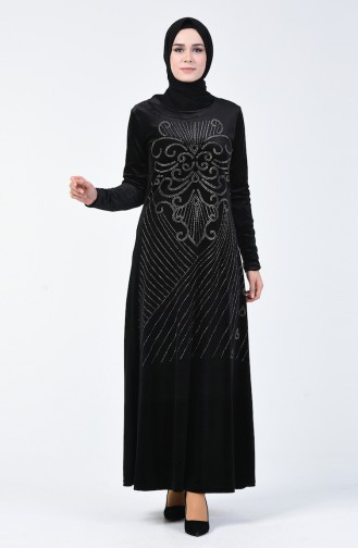 فستان مخمل مزين بالستراس أسود 19802-02