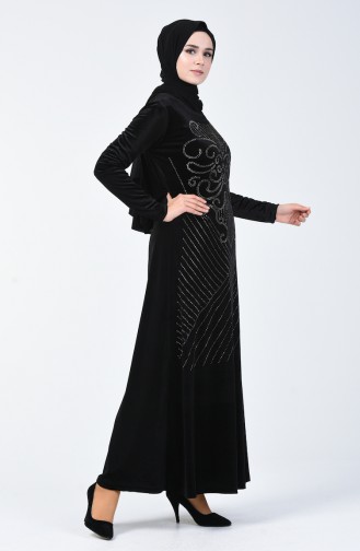 Taş Baskılı Kadife Elbise 19802-02 Siyah