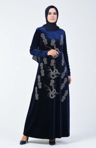 Stone Printed Velvet Dress 19803-02 Navy Blue 19803-02