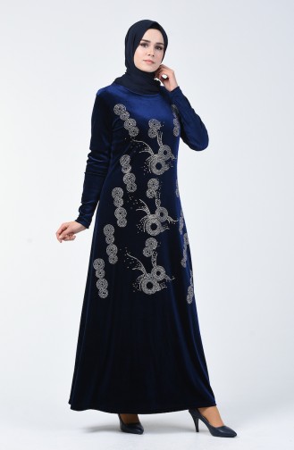 Stone Printed Velvet Dress 19803-02 Navy Blue 19803-02