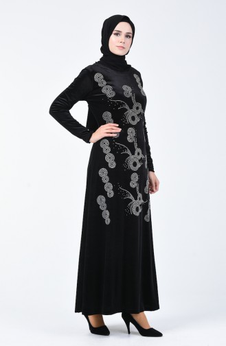 Stone Printed Velvet Dress 19803-03 Black 19803-03