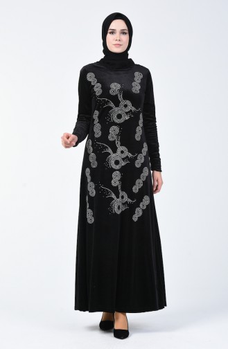 Taş Baskılı Kadife Elbise 19803-03 Siyah