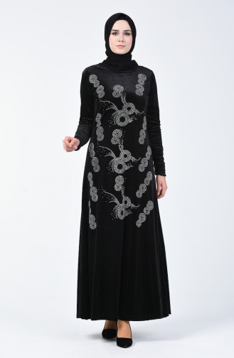 Stone Printed Velvet Dress 19803-03 Black 19803-03