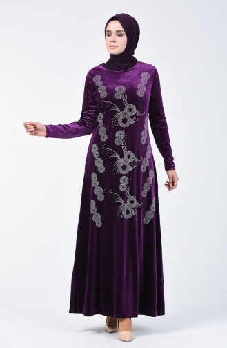 Stone Printed Velvet Dress 19803-04 Purple 19803-04