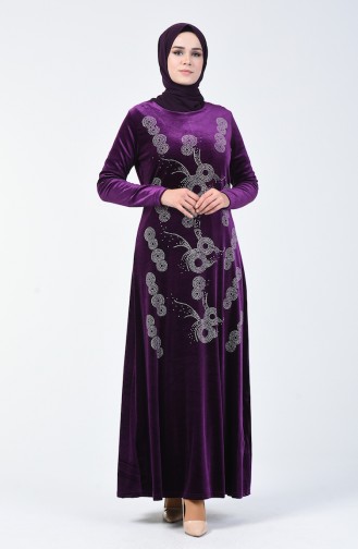 Stone Printed Velvet Dress 19803-04 Purple 19803-04