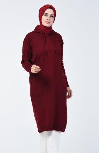 Kapüşonlu Triko Tunik 4117-08 Koyu Bordo