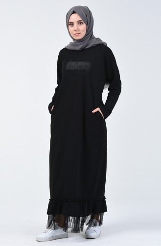 Etek Ucu Tül Detaylı Elbise 4093-02 Siyah