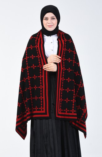 Tricot Patterned Shoulder Shawl Black Red 1009S-03