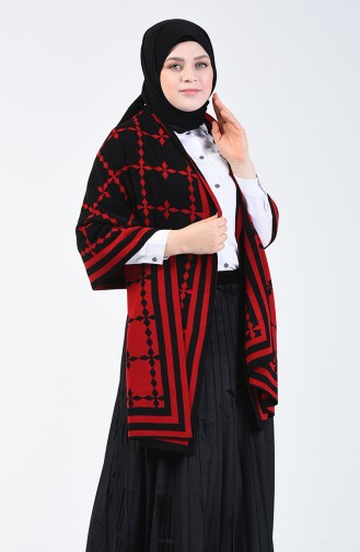 Tricot Patterned Shoulder Shawl Black Red 1009S-03