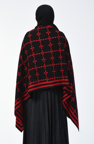 Tricot Patterned Shoulder Shawl Black Red 1009S-03