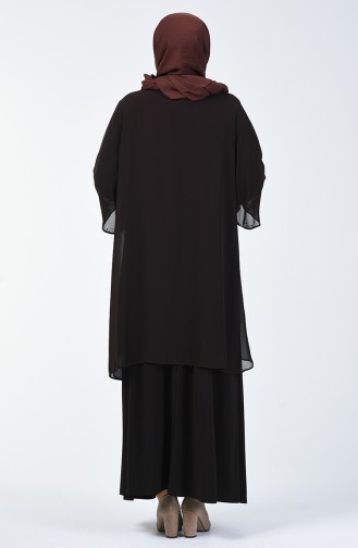 Büyük Beden Taş Baskılı Düz Elbise 7802-01 Kahverengi