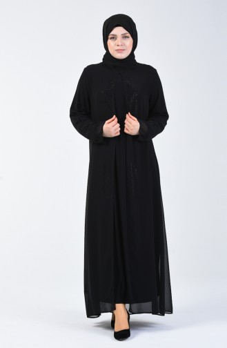 Büyük Beden Taş Baskılı Elbise 7820-01 Siyah