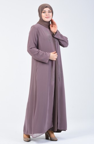 Büyük Beden Taş Baskılı Elbise 7820-02 Vizon