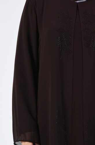 Büyük Beden Taş Baskılı Elbise 7820-03 Kahverengi