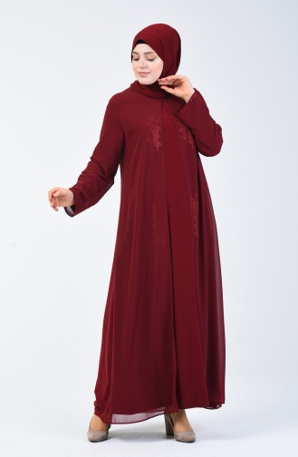 فستان مقاس كبير مزين بالستراس أحمر كلاريت 7820-04