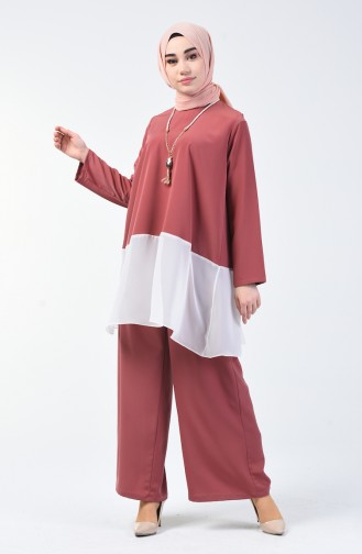 Ensemble Deux Peices Tunique Pantalon Avec Collier 1003-04 Rose Pâle 1003-04