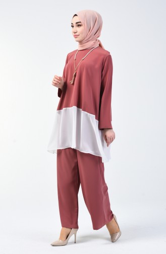 Ensemble Deux Peices Tunique Pantalon Avec Collier 1003-04 Rose Pâle 1003-04