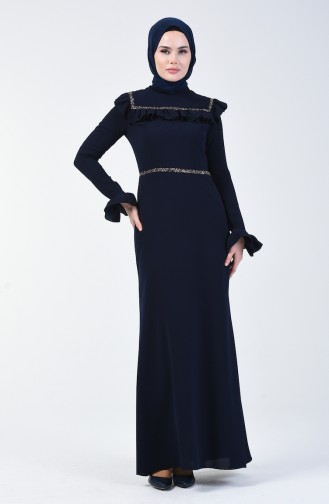 Strass Printed Evening Dress Navy Blue 5256-01