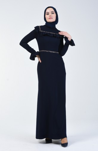 Strass Printed Evening Dress Navy Blue 5256-01