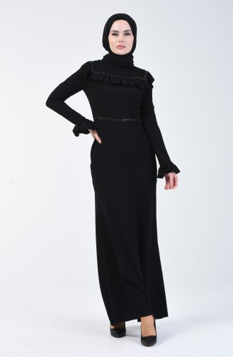 فستان سهرة مزين بالستراس أسود 5256-03