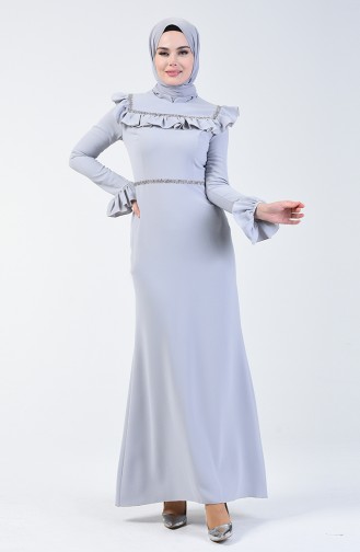 Robe de Soirée İmprimée Pierre 5256-05 Gris Clair 5256-05