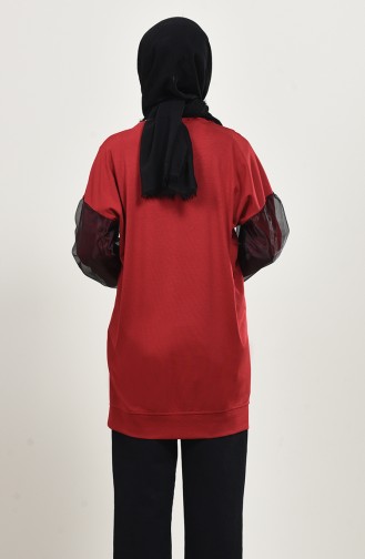 Organza Sleeve Detailed Sweatshirt Red 8088-10
