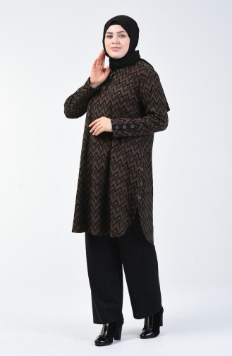Plus Size Patterned Tunic Trousers Double Suit 2670-01 Brown 2670-01