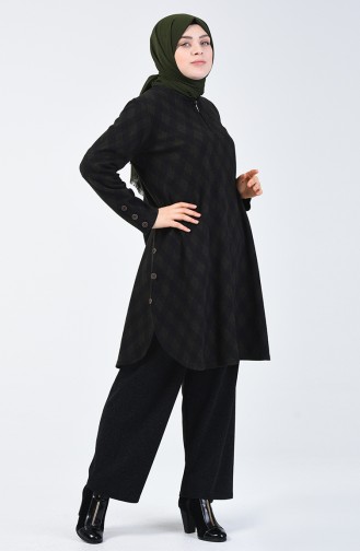 Plus Size Patterned Tunic Trousers Double Suit 2670B-04 Khaki 2670B-04