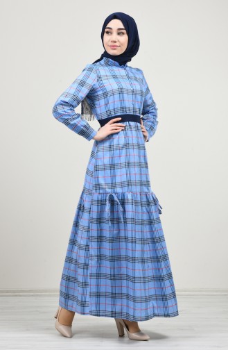 Buttoned Pleated Dress Blue 8157-02