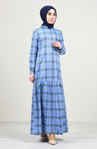 فستان مطوي بأزرار أزرق 8157-02