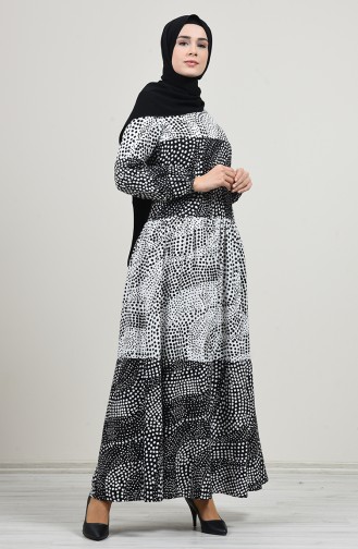 Elastic Sleeve Patterned Dress 8146-01 Black And white 8146-01