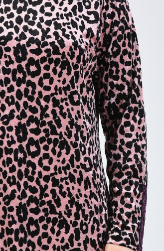 Büyük Beden Leopar Desenli Kadife Elbise 4867-01 Pudra