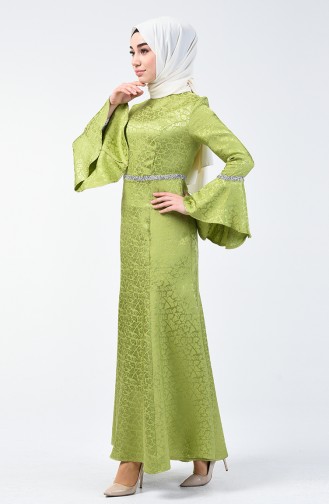 İspanyol Kol Taşlı Abiye Elbise 60088-01 Fıstık Yeşili