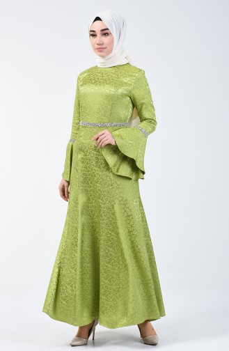 Spanish Sleeve Strass Evening Dress Pistachio Green 60088-01