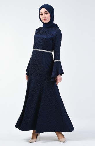 Spanish Sleeve Strass Evening Dress Navy Blue 60088-02