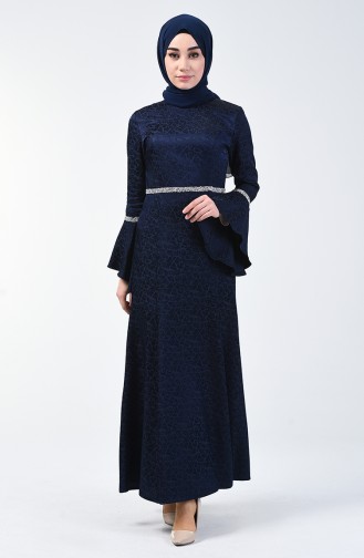 Spanish Sleeve Strass Evening Dress Navy Blue 60088-02