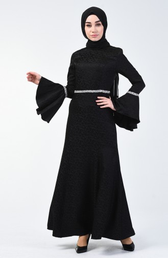 فستان سهرة مزين بالستراس بأكمام موديل اسباني أسود 60088-03