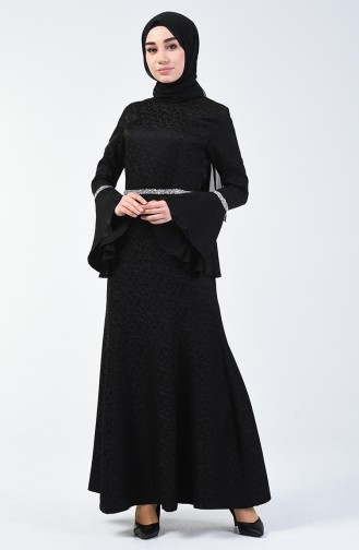 فستان سهرة مزين بالستراس بأكمام موديل اسباني أسود 60088-03