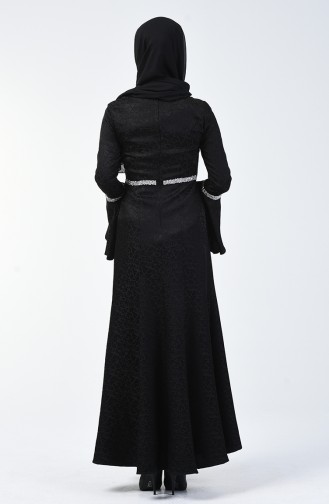 İspanyol Kol Taşlı Abiye Elbise 60088-03 Siyah