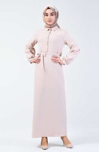 Buttoned Belted Dress 2699-11 Beige 2699-11