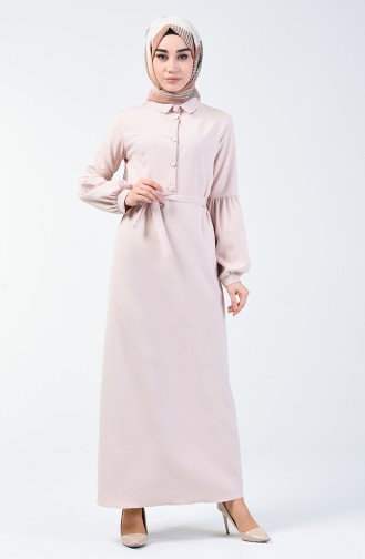 Buttoned Belted Dress 2699-11 Beige 2699-11