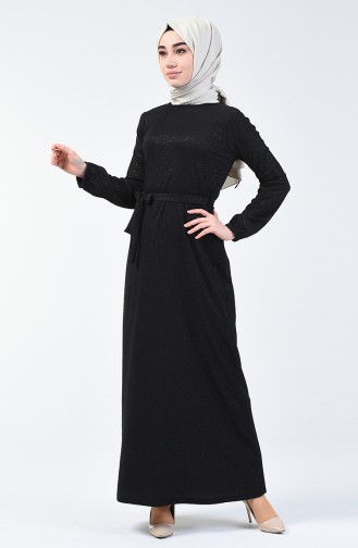 Simli Kuşaklı Elbise 4205-01 Siyah