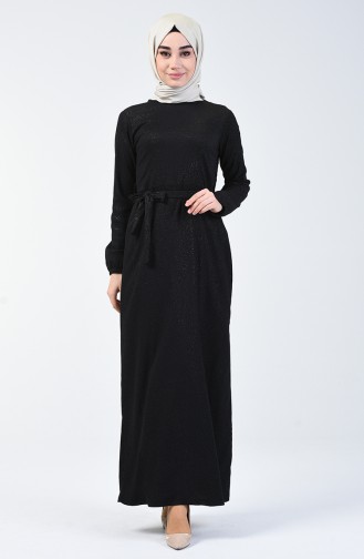 Simli Kuşaklı Elbise 4205-01 Siyah